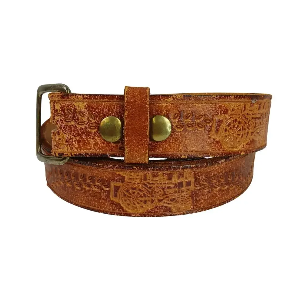 Men's SZ 36 Handcrafted Tooled Genuine Leather Belt Leaf Vines Farm Tractors 1